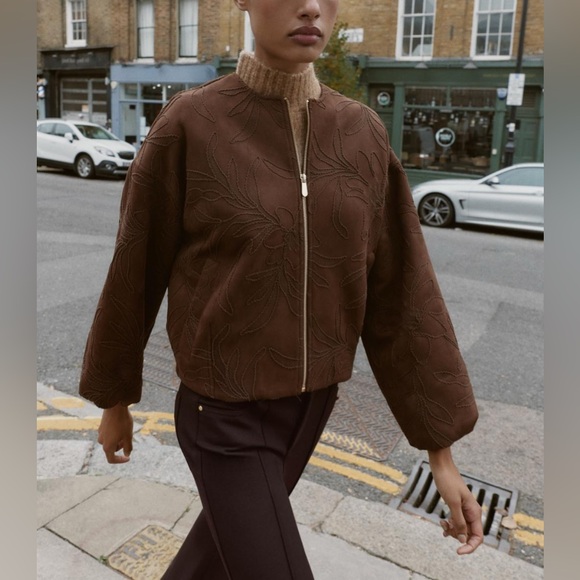 Zara Jackets & Blazers - Zara Faux suede bomber jacket with embroidery